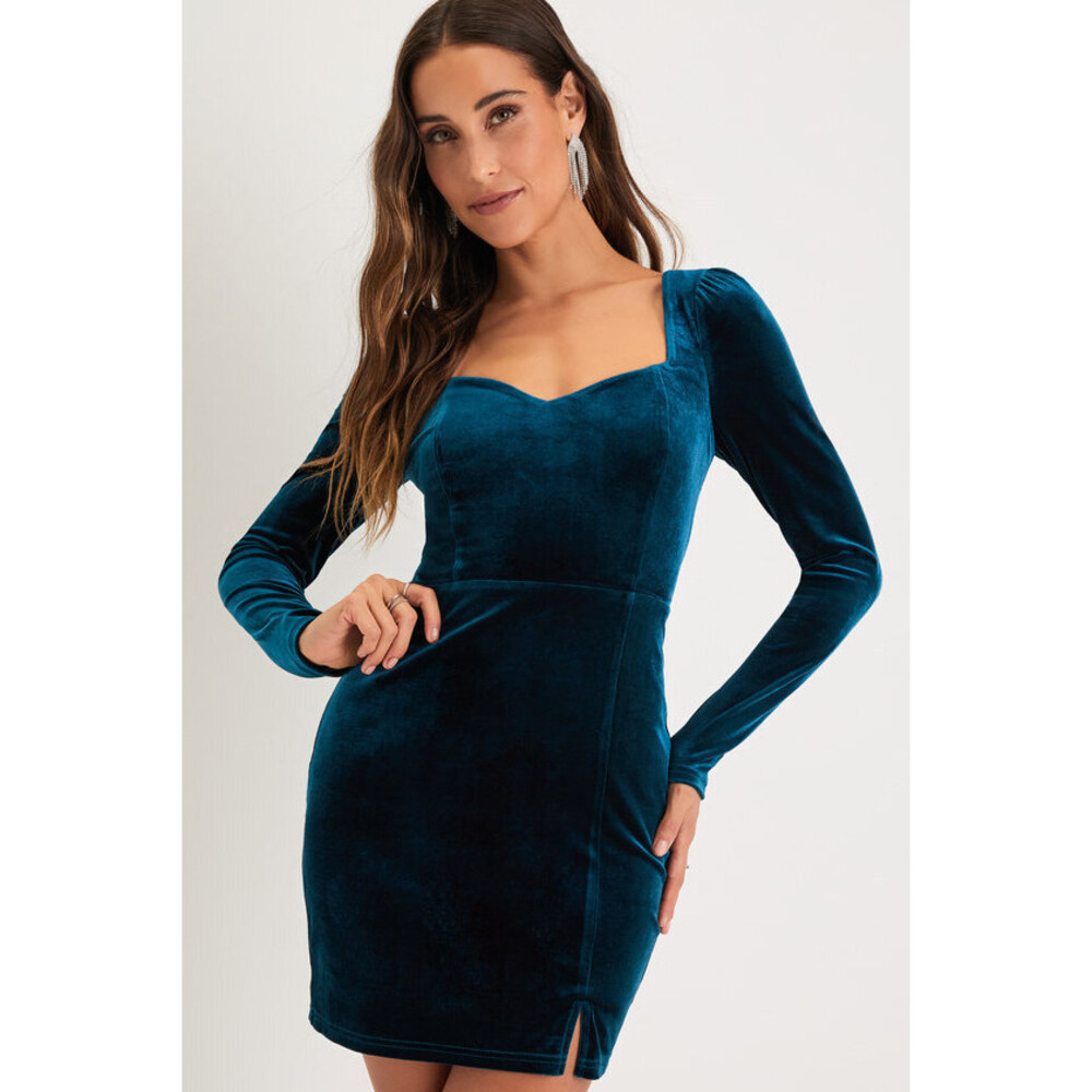 Lulus Dark Teal Velvet Long Sleeve Mini Dress Blue
